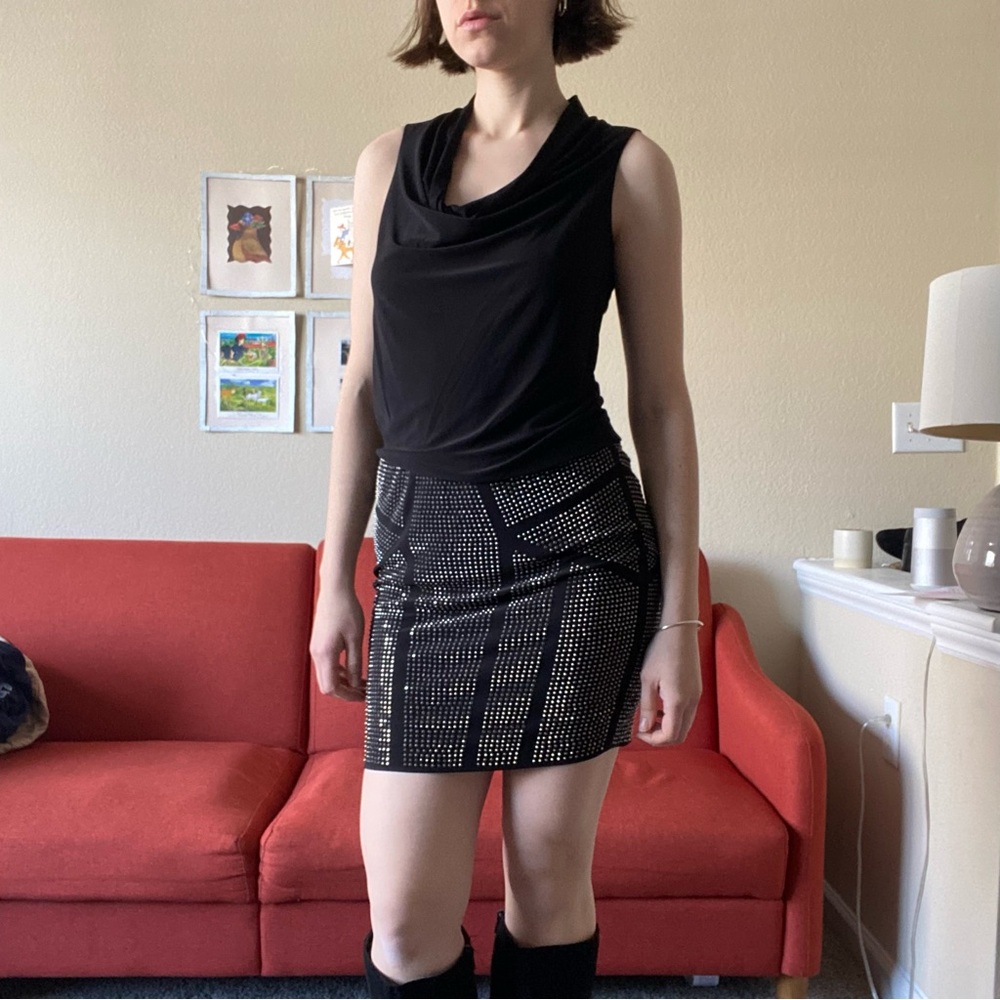 Caché Studded Black Dress with Cowl Neck and Bodycon Fit